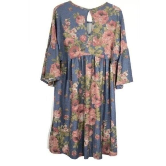 Blue Floral Baby Doll Dress Women Small Bell Sleeve  Cottagecore Relaxed Fit - Picture 7 of 7